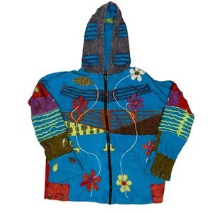 Rising International Boho Patchwork Full-Zip Hooded Sweatshirt Size-2XL Hippie